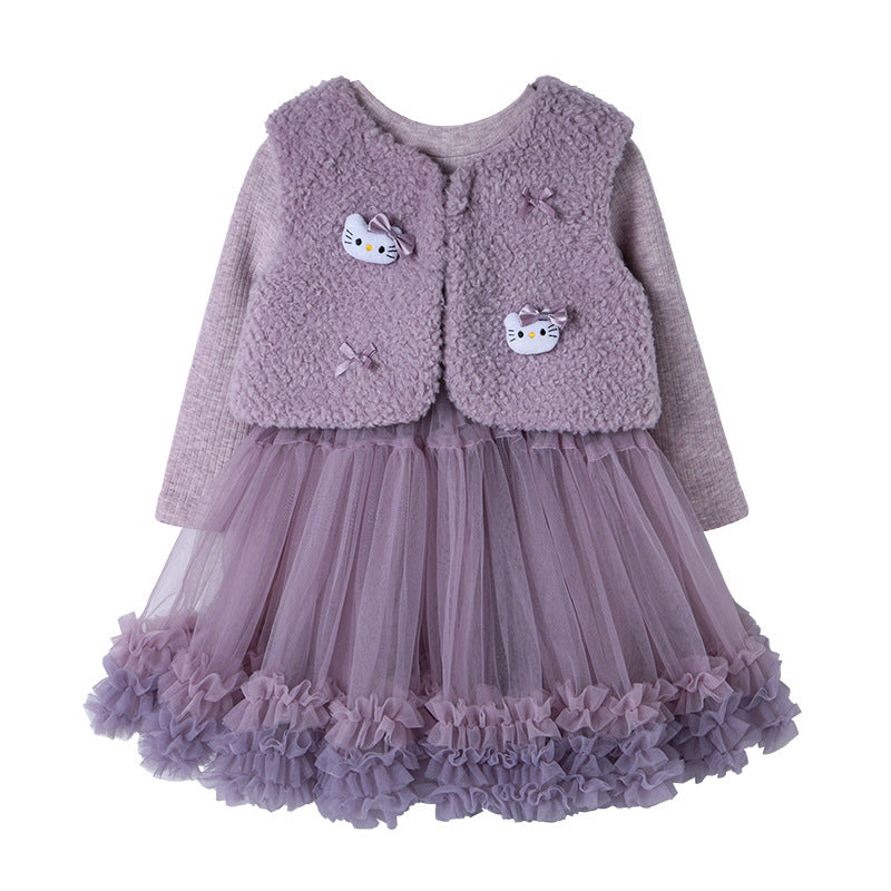 【in stock】girls' outfit  winter new arrival: hello kitty plush vest & fleece tulle skirt sweet princess two-piece set