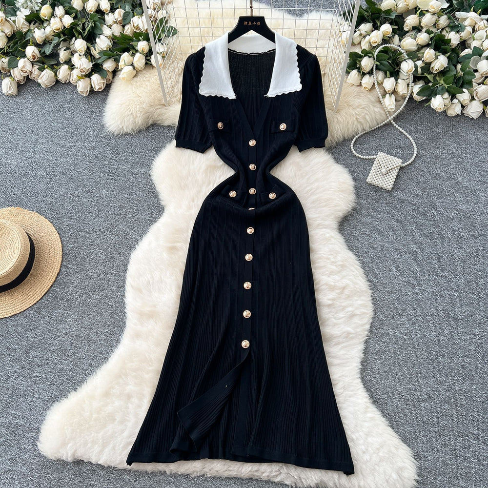Frenchretrocontrast color lapel short sleeve metal button silmdress women's waist slimmingelegant slit knitting skirt