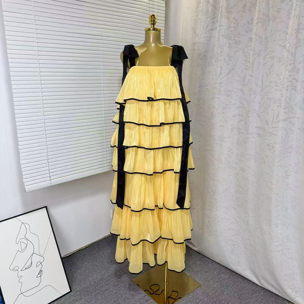 spring new sleeveless solid color wide strap long loose ruffle tiered cake dress