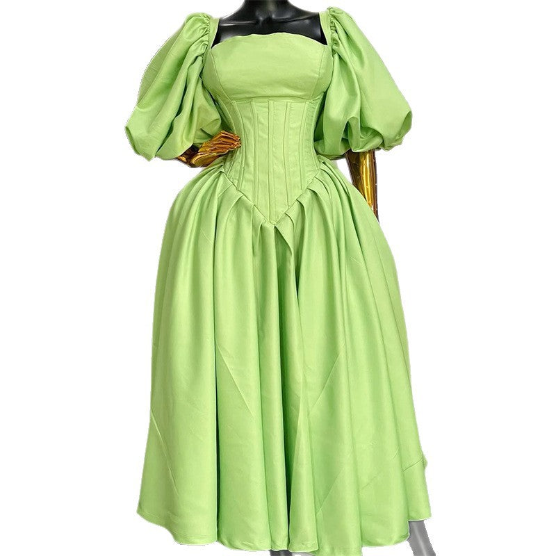 European and american cross-border women's clothing:  summer new arrivals - sweet and fresh square neck backless tie-up lantern sleeve cinched waist dress