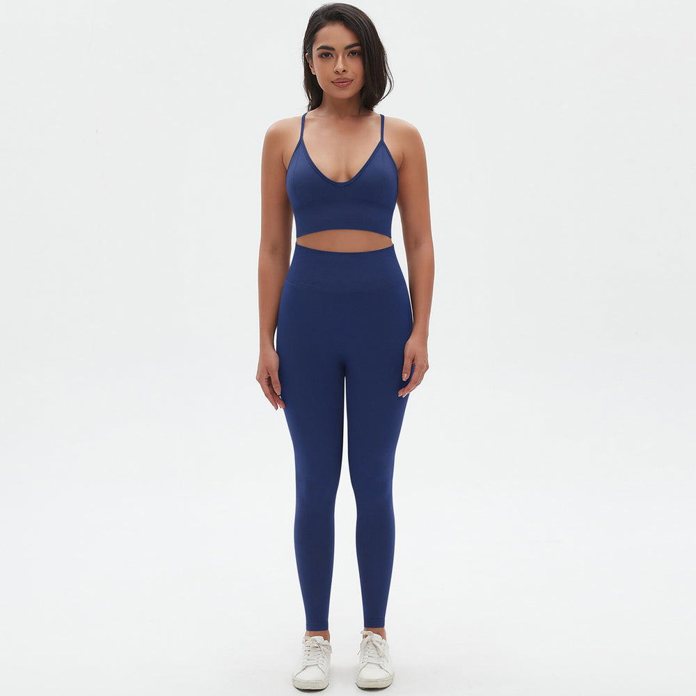 New arrival cross-border seamless pure color tight sexy sling beautiful back yoga suit sports running fitness two-piece set