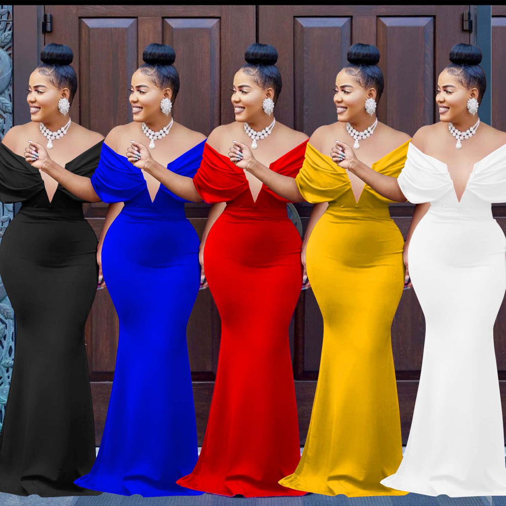 C6587 cross-border   fashion women's solid color off-the-shoulder deep v backless mermaid prom dress