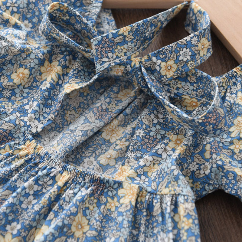summerk-stylegirl floral skirt square collar puff sleeves back tie backdress children's clothing one piece dropshipping
