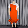 new arrival slimming high-waisted short-sleeve dress - color block panel, cinched waist belt, fishtail skirt dresses
