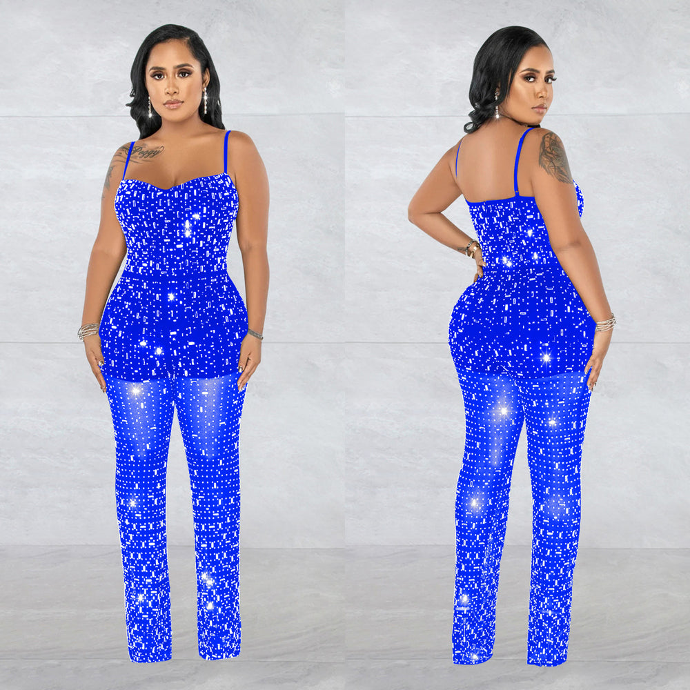 C6556 cross-border   fashion women's hot diamond mesh suspender sleeveless pants jumpsuit