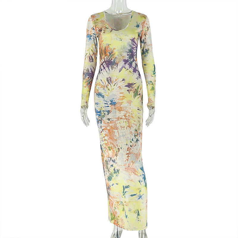 European and american style cross-border printed women's bodycon retro chic bodycon dress - round neck, long sleeve, cinched waist, trendy bestseller