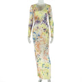 European and american style cross-border printed women's bodycon retro chic bodycon dress - round neck, long sleeve, cinched waist, trendy bestseller