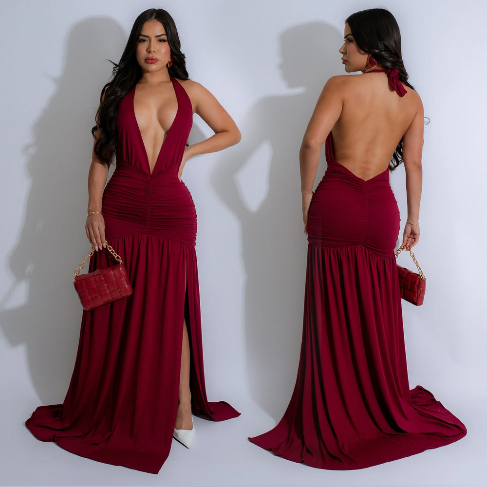 C7225 cross-border   fashion women's sexy deep v slit evening gown dress
