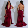 C7225 cross-border   fashion women's sexy deep v slit evening gown dress