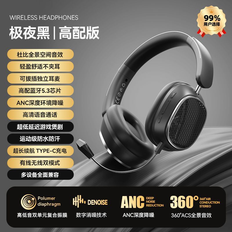 Gaming headset wireless bluetooth over-ear headphones with deep bass, noise cancellation, universal compatibility for mobile phones, and yan cai active noise reduction