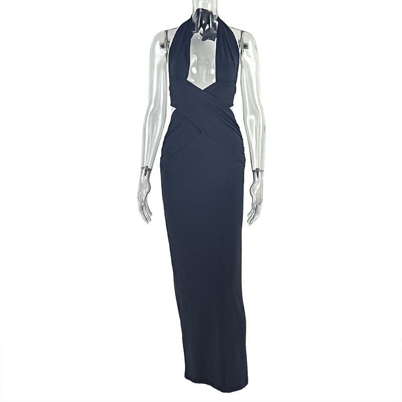 Fashion style cross-border street pure color women's clothing pleated hip-covering one-step skirt low-cut silm halterslimming look long dress