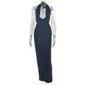 Fashion style cross-border street pure color women's clothing pleated hip-covering one-step skirt low-cut silm halterslimming look long dress