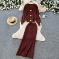 Lazy style metal buckle knittingcardigantopstwo-piece set women's autumclassy sense silm hip skirt suit