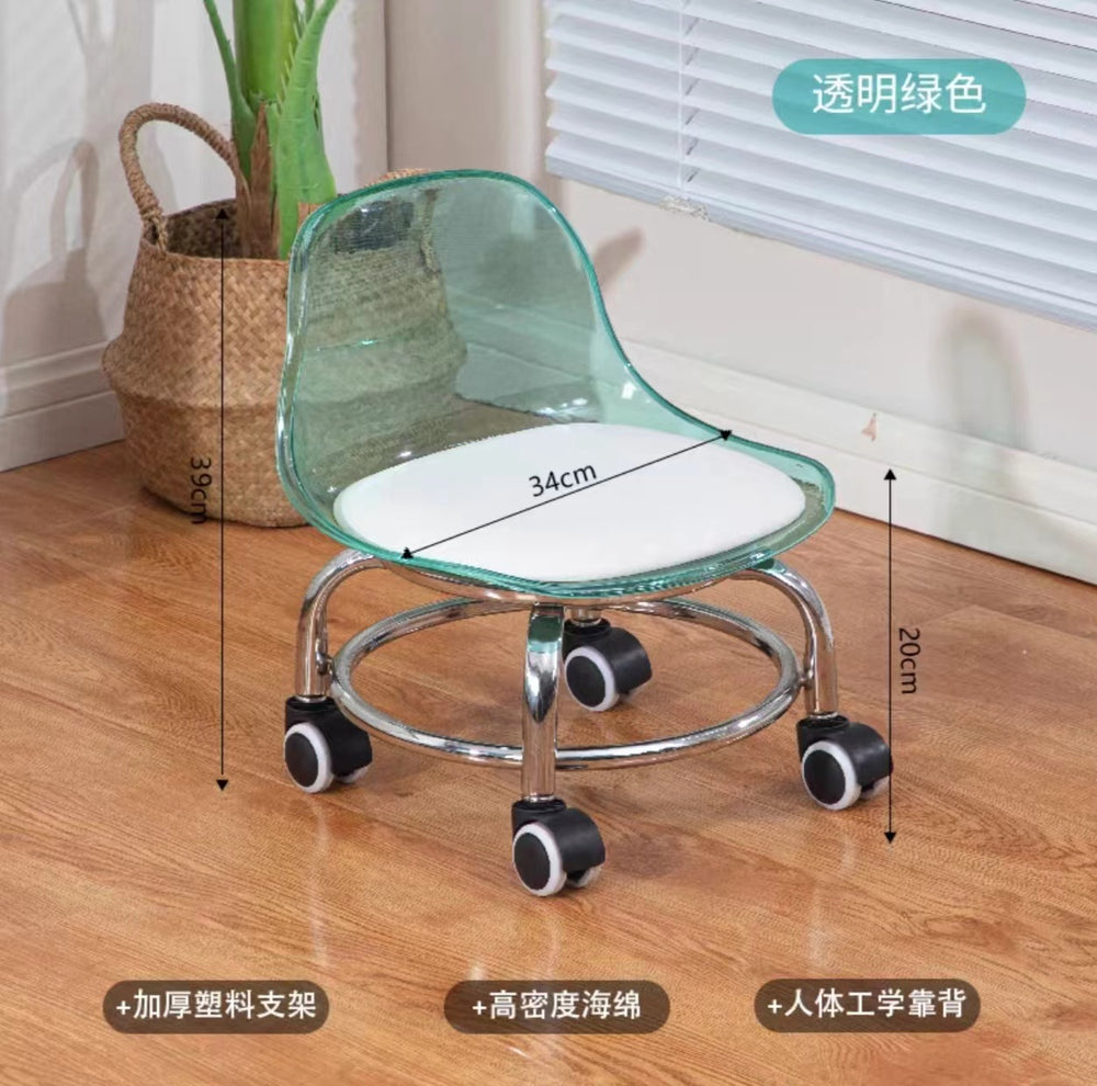 Acrylic swivel stool with low seat, silent transparent backrest, small chair with casters, baby-sitting stool, trendy shoe changing stool