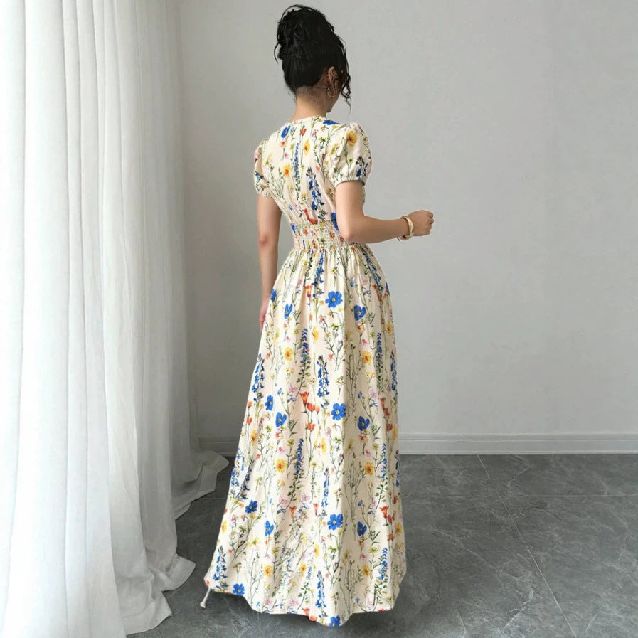 summer cross-border european and american style printed v-neck elegant dress
