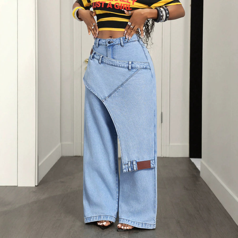 X-pre-sale-66703# cross-border fake two-piece casual versatile straight-leg women's jeans pants