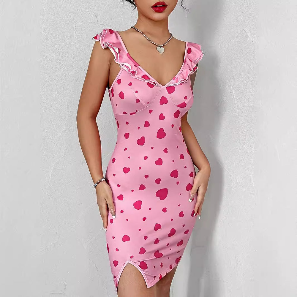 In stock - 53295#  cross-border fashion women's printed elegant sexy ruffle sleeveless dress