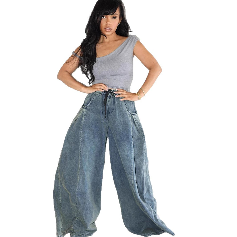European and american style women's casual jeans -  cross-border fashion - streetwear elastic waist drawstring loose straight-leg pants