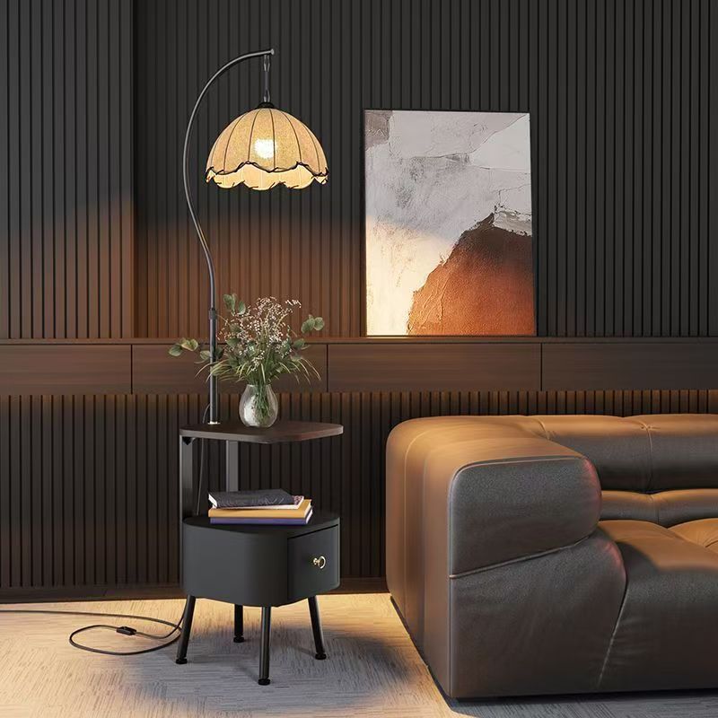 new french style bedside table - multifunctional solid wood nightstand with integrated floor lamp and storage shelf