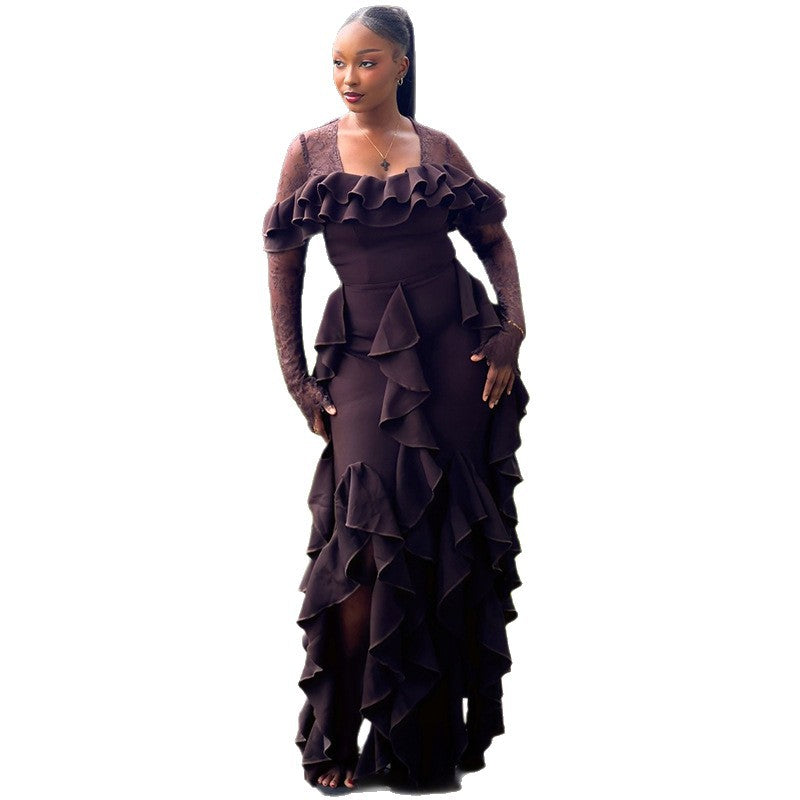 European and american cross-border women's fashion:  autumn/winter new sexy lace patchwork square neck ruffle trim midi dress