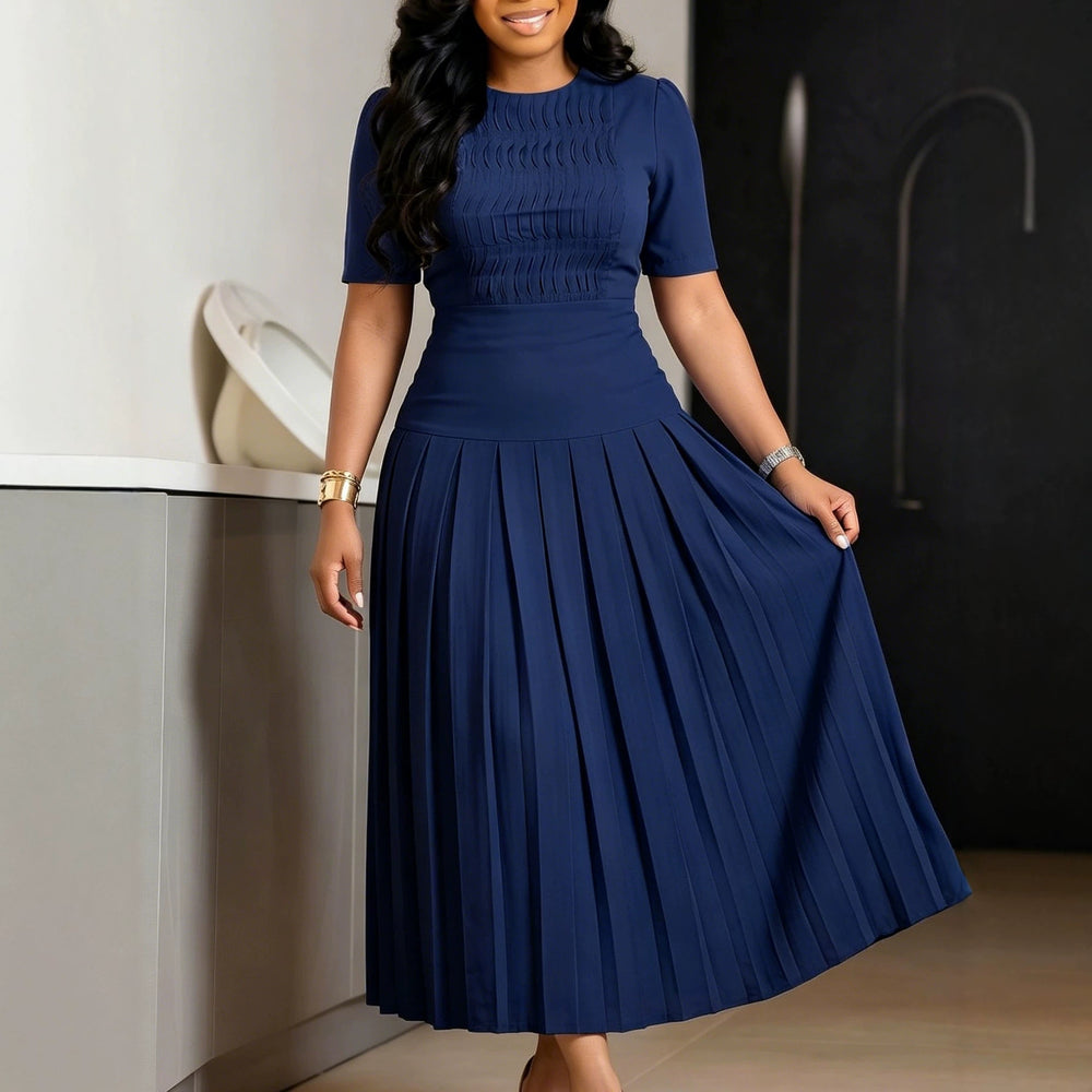 C8666  foreign trade women's fashion european and american  new pleated round neck patchwork crinkle cross-border dress