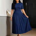 C8666  foreign trade women's fashion european and american  new pleated round neck patchwork crinkle cross-border dress