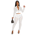 C6548 cross-border   fashion women's solid color mesh rhinestone long sleeve top and pants two-piece set