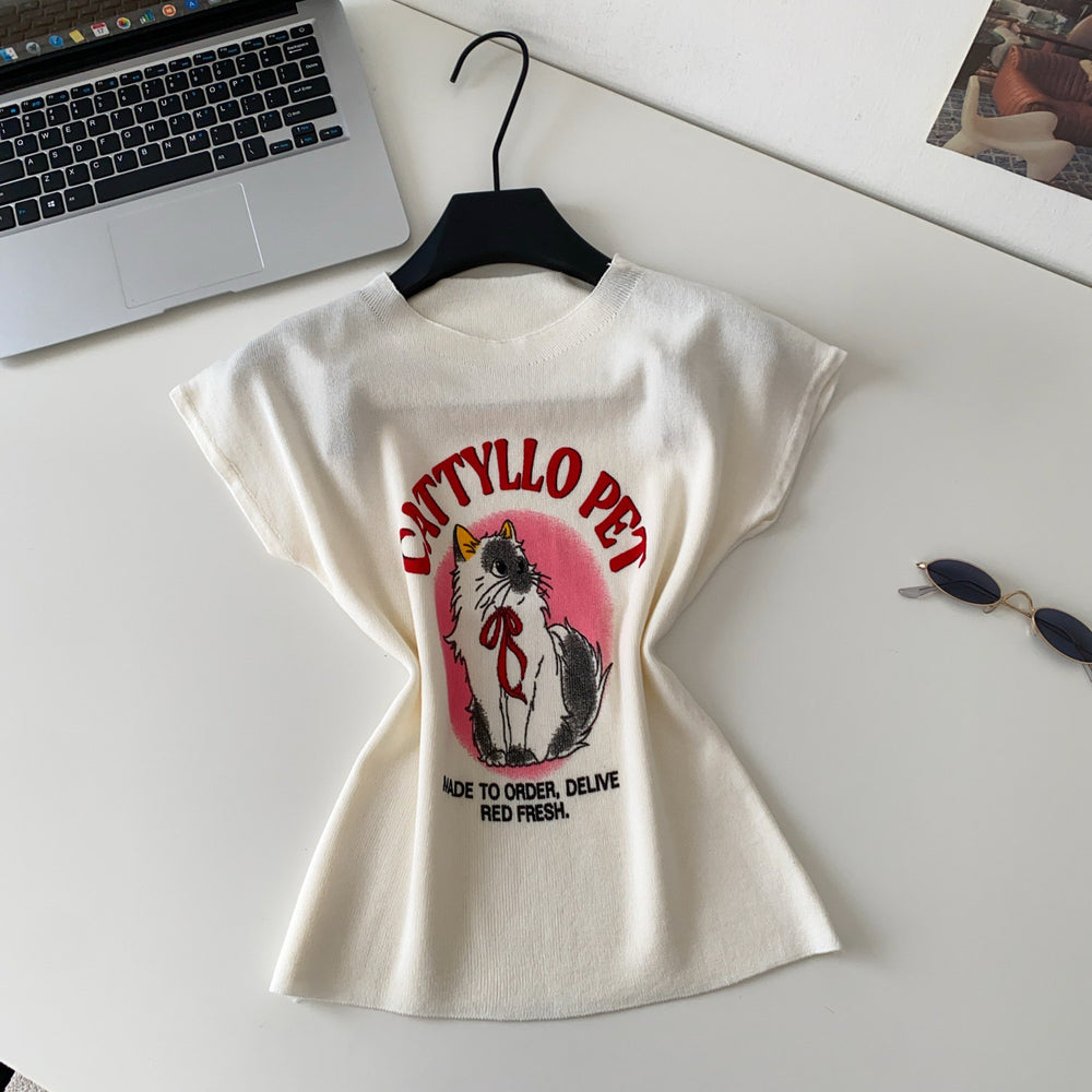 Cartoon cat print short-sleeve knit tank top - women's summer style, slim fit, youthful, versatile casual top