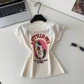 Cartoon cat print short-sleeve knit tank top - women's summer style, slim fit, youthful, versatile casual top