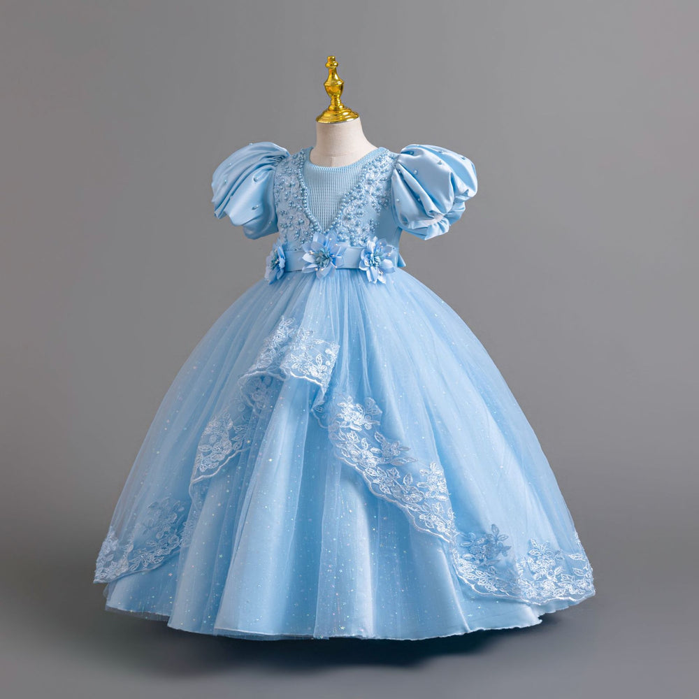 Ready-to-ship wholesale princess dresses with puff sleeves and lace detailing, perfect for children's formal wear, birthdays, piano recitals, and performances. kids' dresses