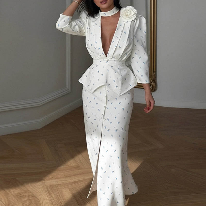 summer new women's clothing - cross-border  fashion: elegant commute print v-neck dress (us/eu style)