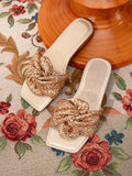 Gold sequin twist-out sandals - square toe open toe slides - women's fashion flip-flops for outdoor wear