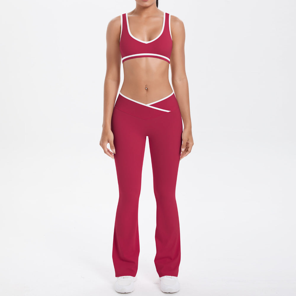 Cross high waist sports suit women's contrast color nude tight yoga clothes quick-drying breathable outdoor running fitness suit