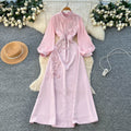 French chic flared sleeve maxi dress with 3d floral embroidery - high waist, slimming a-line silhouette