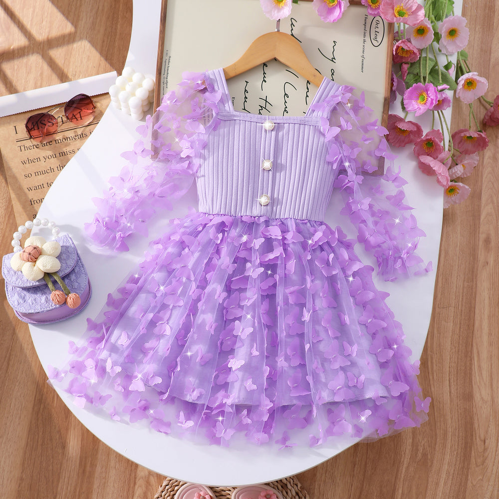 Girls' dress for toddlers and young children, 3d butterfly long sleeve mesh dress