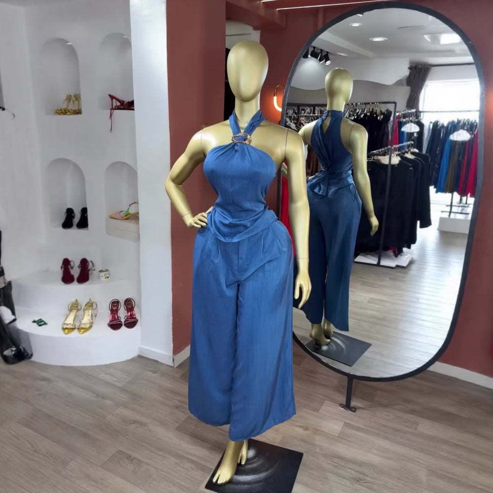 European and american cross-border women's fashion  summer new arrival: elegant halter neck slim-fit sleeveless top and wide-leg pants casual set