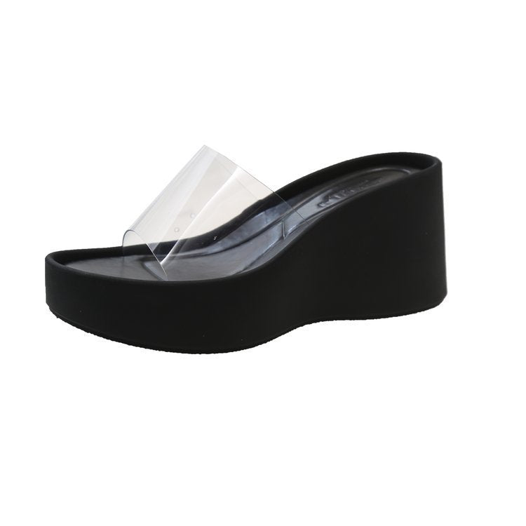 Height increasing thick sole half slippers high heel sandals new arrival women's shoes crystal wedge transparent one-line slippers women
