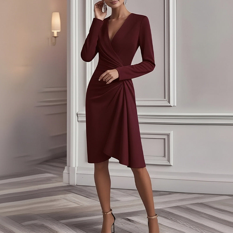 women's summer dress - european & american cross-border fashion - high-quality, textured, pleated solid color dress