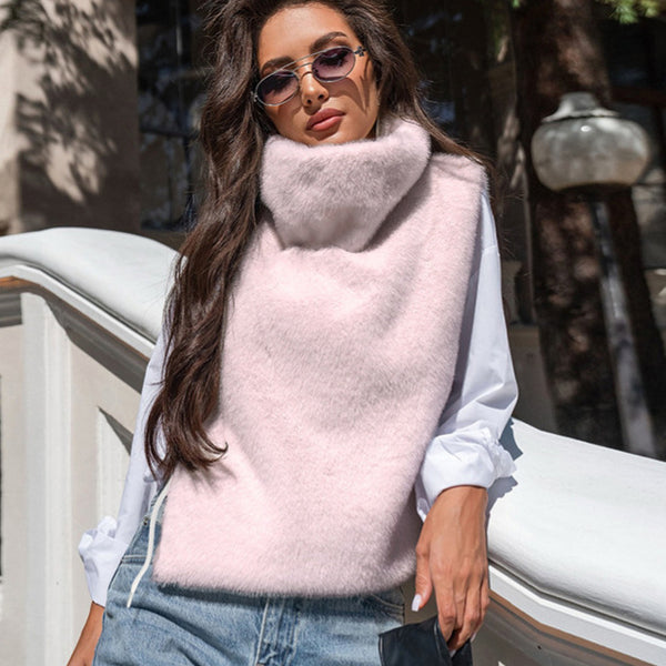 Light luxury plush vest vest women's high-end sense autumn and winter warmth imitation mink turtleneck temperament elegant vest top