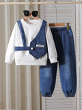 children's autumn and winter denim suit white round neck sweatshirt + denim vest pants suit three-piece set