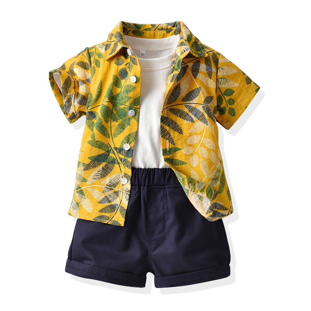 Boys' summer short-sleeve floral shirt kids' set white t-shirt shorts casual three-piece outfit - foreign trade beach style
