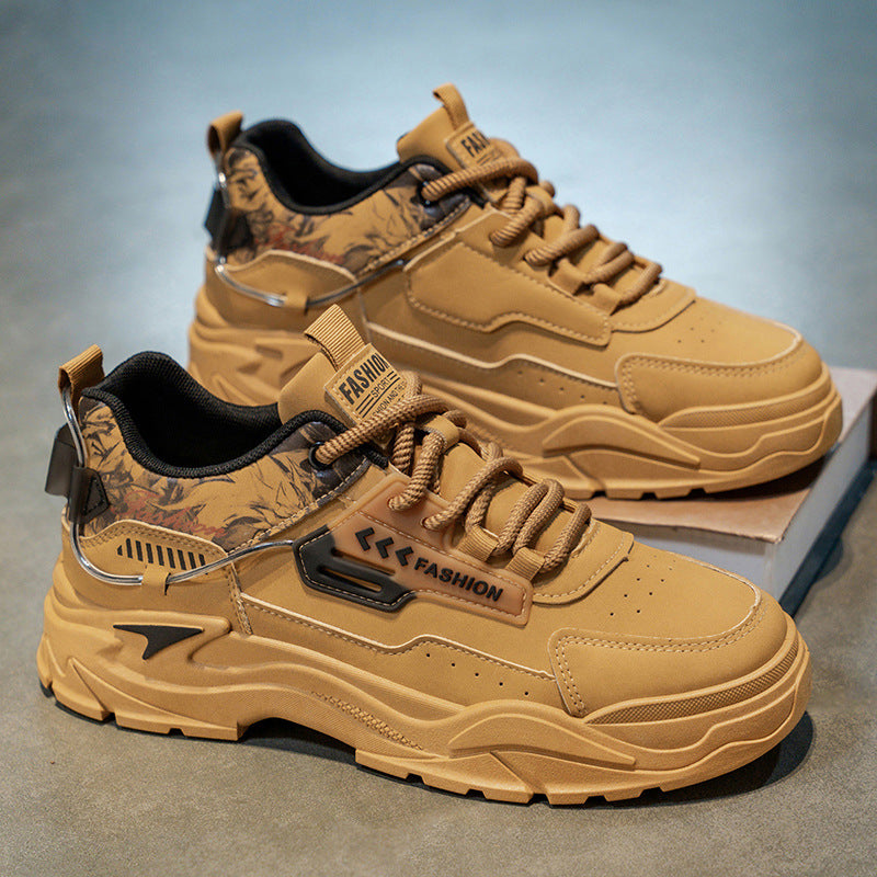 Men's 2025 spring new leather breathable casual sneakers, youth thick-soled height-increasing anti-slip work shoes