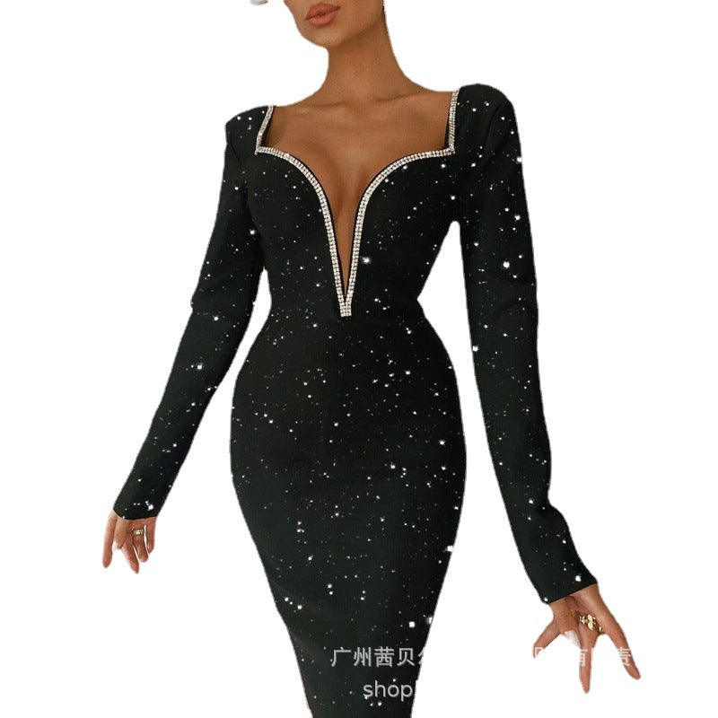 LZS3910  new women's clothing  black silver sprinkled flash v-neck dress