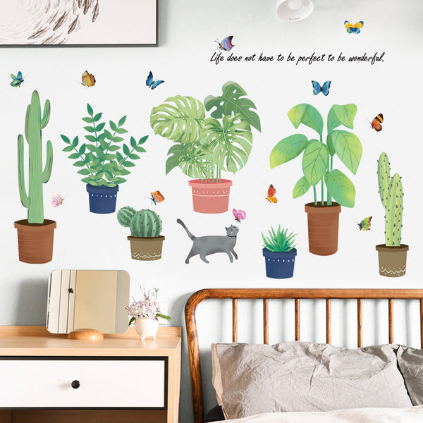 Tropical plants, green leaves, potted plants, cats, fresh literary self-adhesive glass stickers, decorative wall stickers XL7248