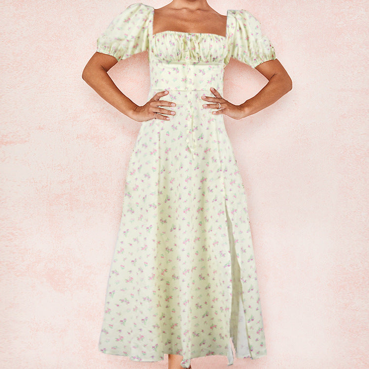 cross-border e-commerce women's fashion: european and american summer new arrivals - french chic floral print spaghetti strap slit dress