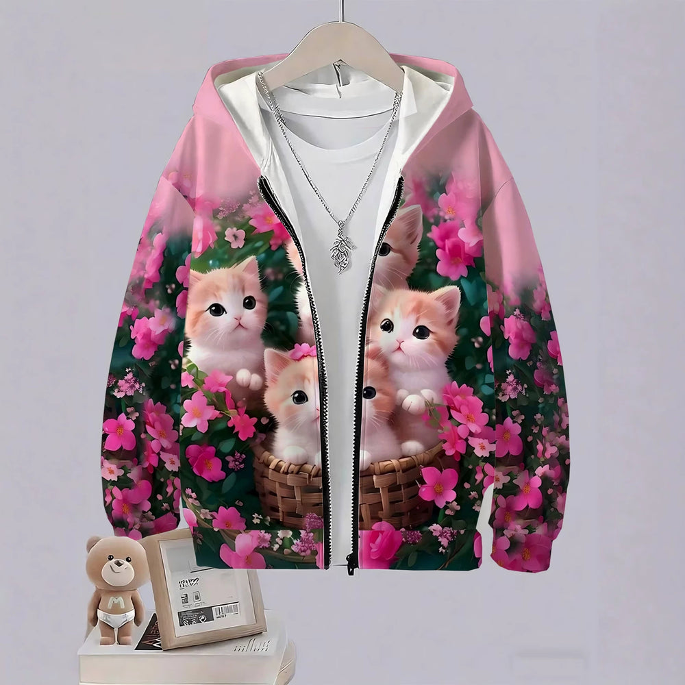 Kids' hoodie jacket, cross-border hot seller: cute cartoon print fashion zip-up hoodie for girls, dropshipping available