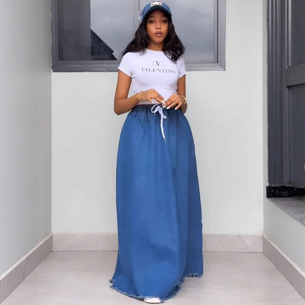 European and american style denim skirt  cross-border women's fashion washed pure color drawstring high waist lotus leaf long skirt