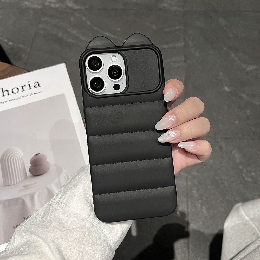 3d cat ear striped case for apple 17 pro max iphone 16 - large hole side cat paw soft case