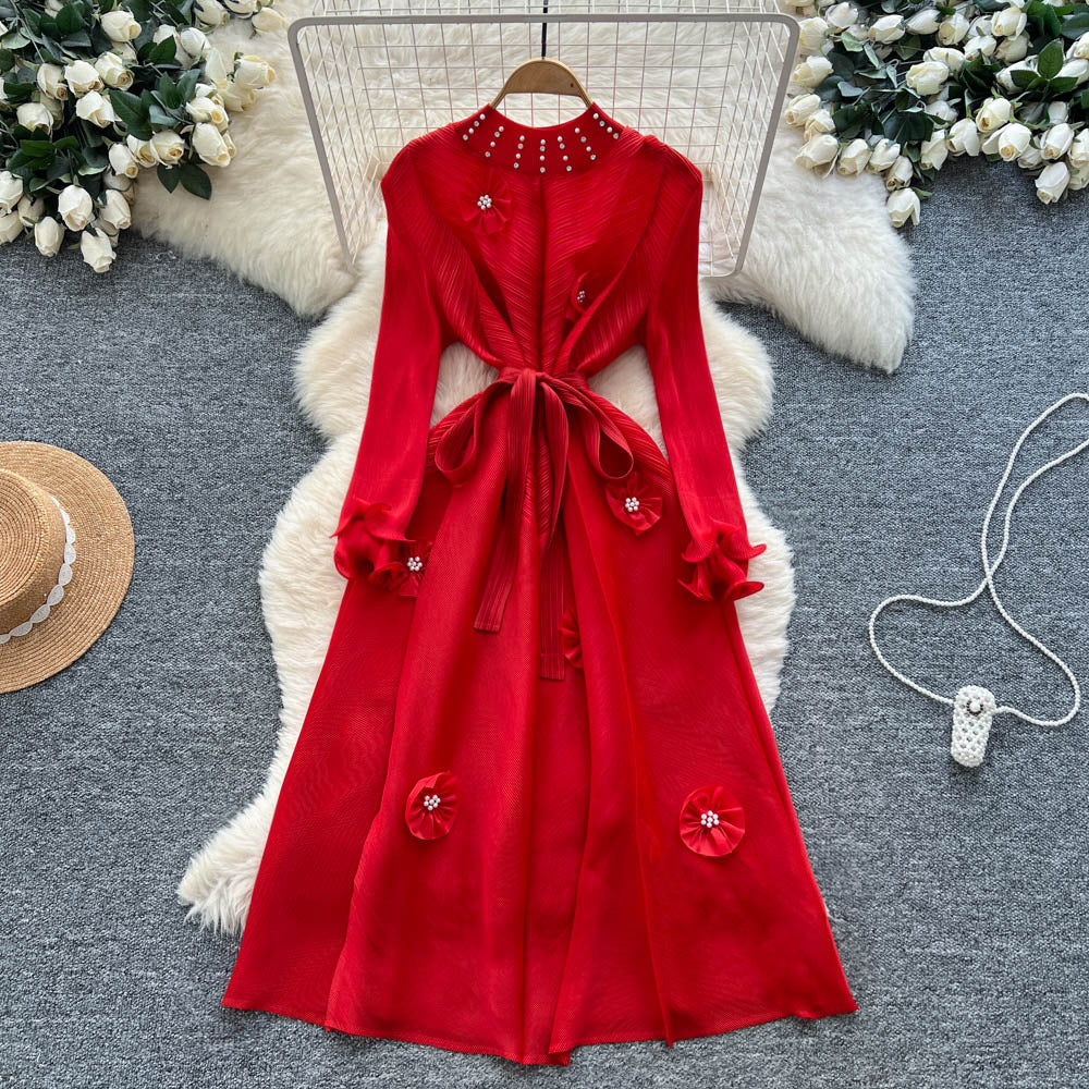 Miya pleated european and american dress for women,  autumn fashion, beaded floral detail, tie-waist, elegant pleated maxi dress
