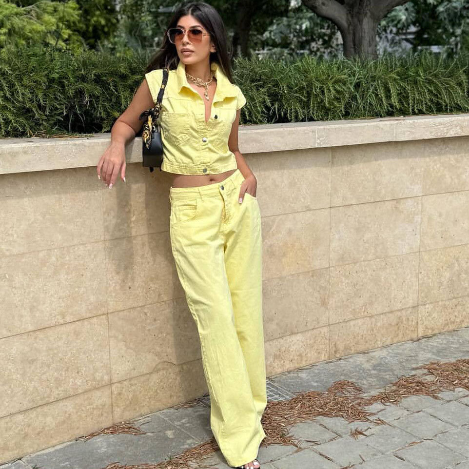 Cross-border European and American new sleeveless lapel cardigan shirt trousers set women's  women's clothing casual foreign style two-piece set